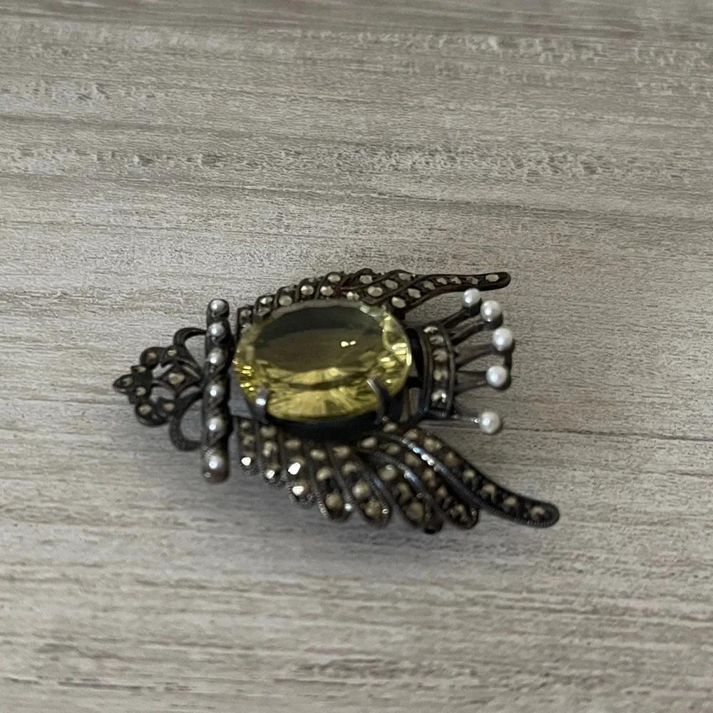 Lemon Citrine Marcasite and Pearl Sterling Silver Brooch - Picture 6 of 8